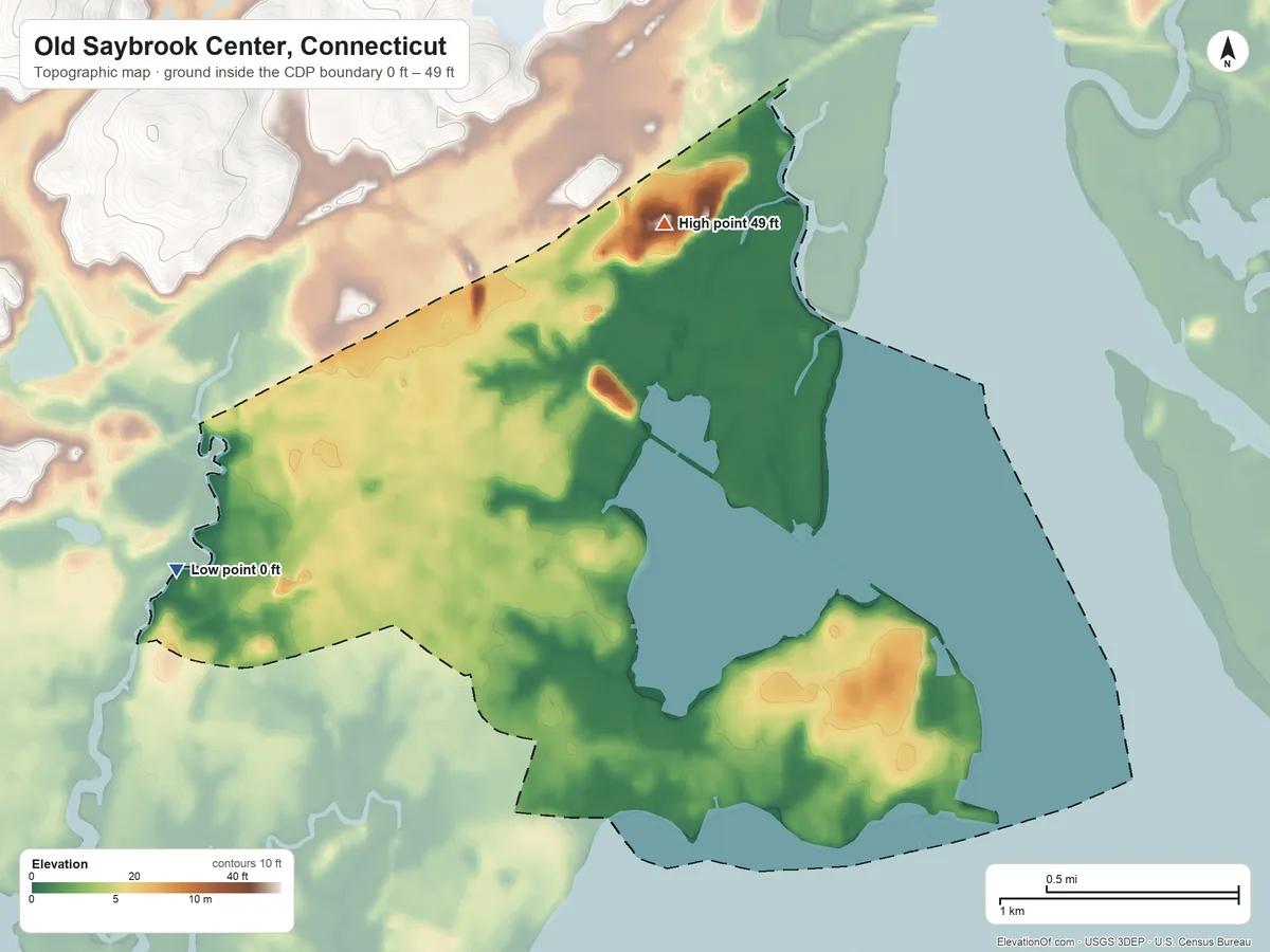 Topographic elevation map of Old Saybrook Center, Connecticut, shaded from 0 ft on the west side to 49 ft on the northeast side