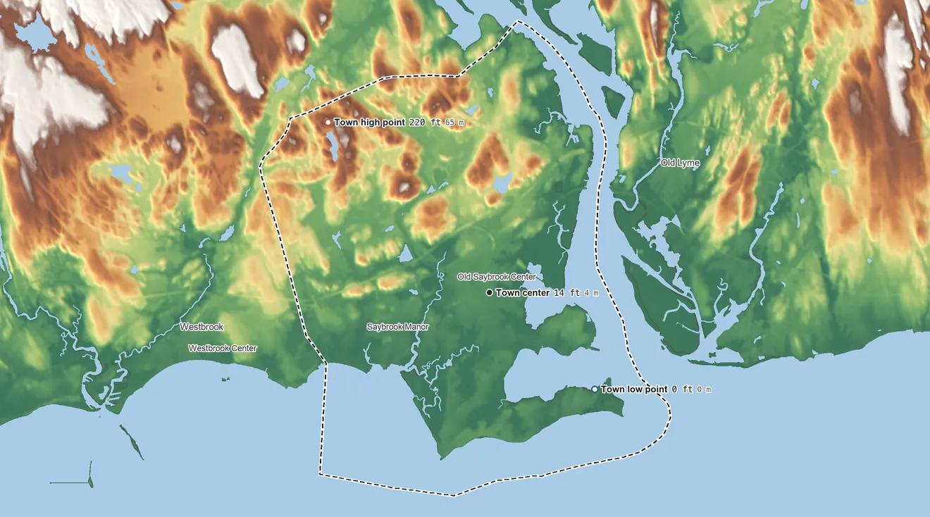 Topographic elevation map of Old Saybrook, Connecticut, shaded from sea level level on Long Island Sound to 220 ft on the northwest side
