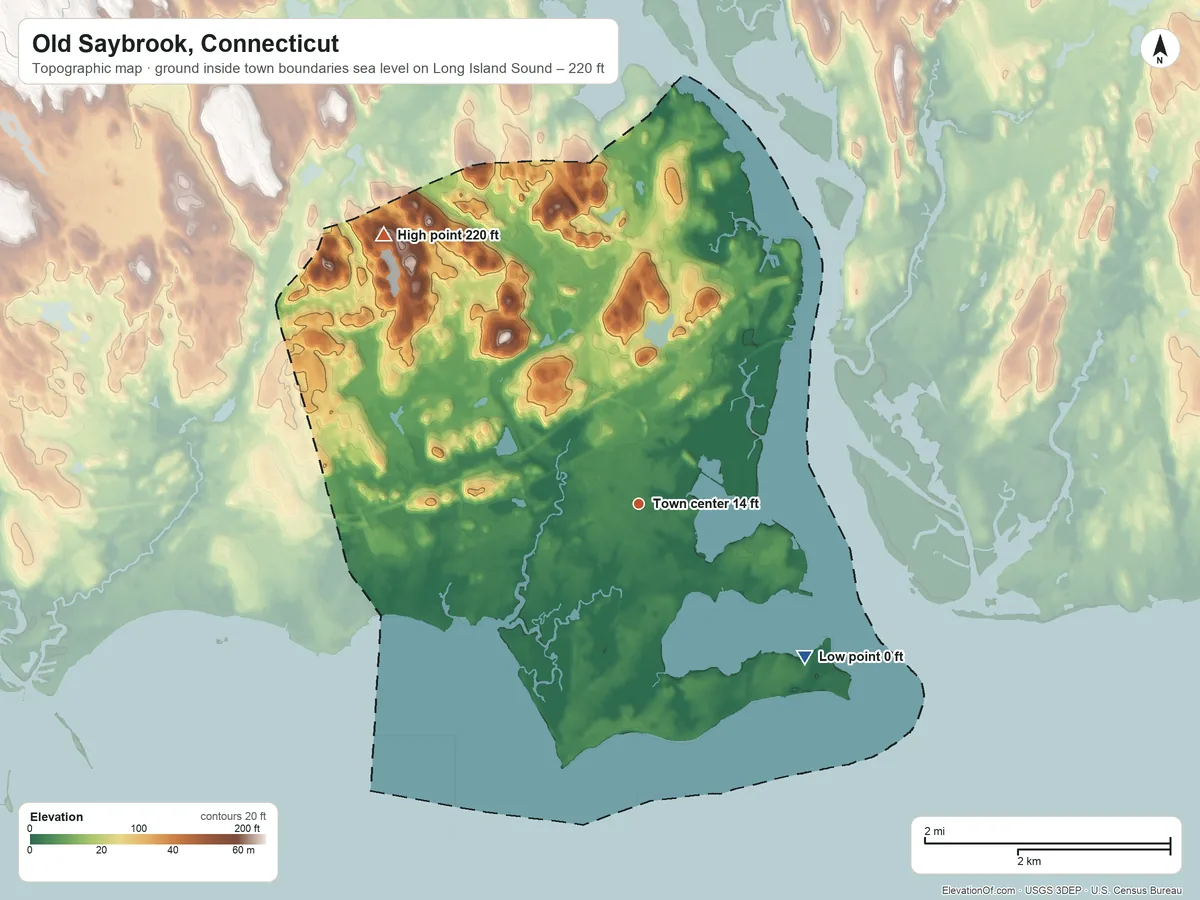 Topographic elevation map of Old Saybrook, Connecticut, shaded from sea level level on Long Island Sound to 220 ft on the northwest side