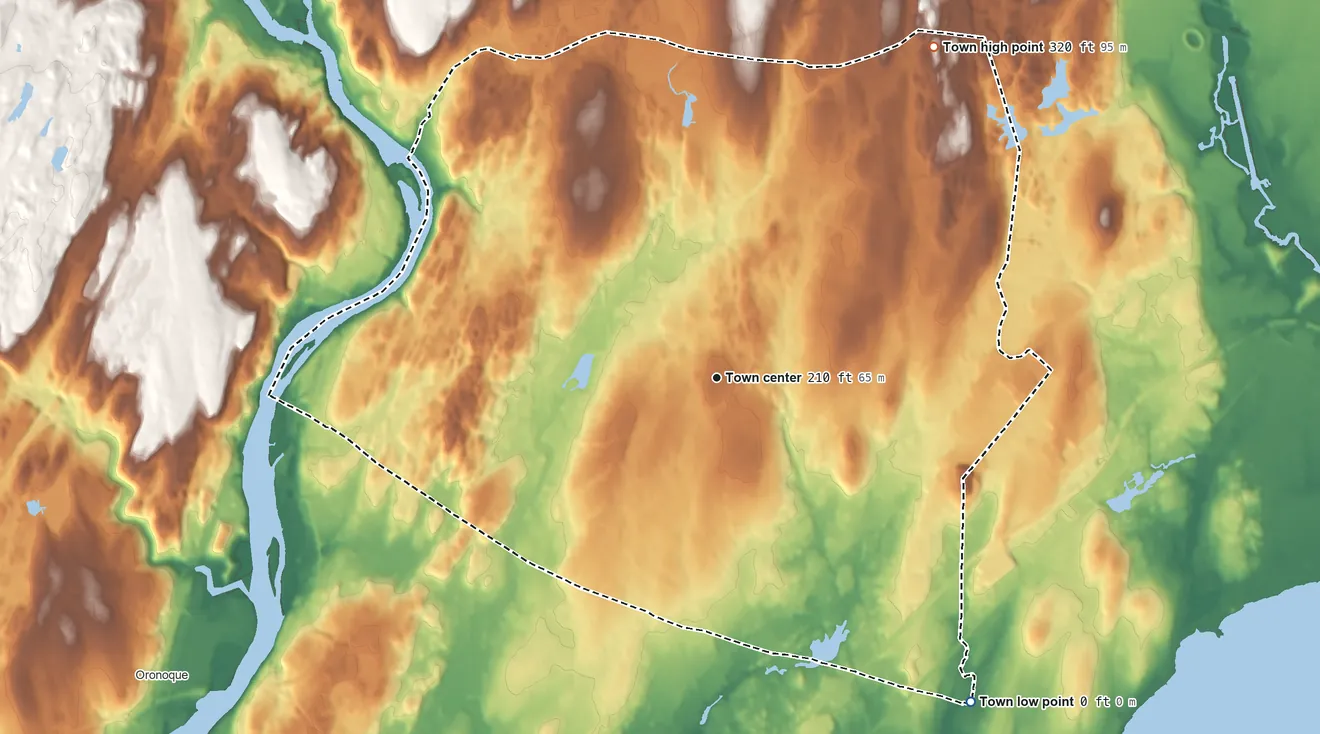 Topographic elevation map of Orange, Connecticut, shaded from sea level level on Long Island Sound to 320 ft on the northeast side