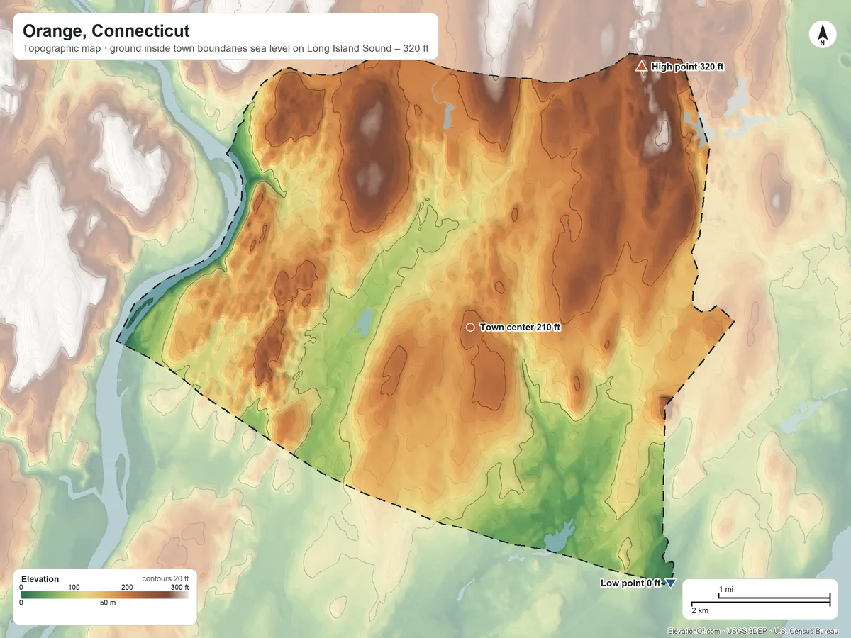 Topographic elevation map of Orange, Connecticut, shaded from sea level level on Long Island Sound to 320 ft on the northeast side