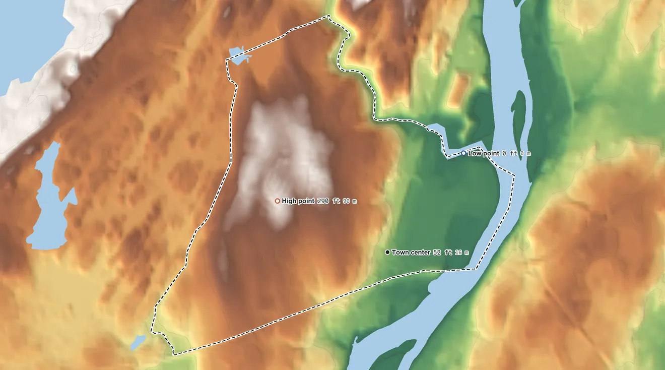 Topographic elevation map of Oronoque, Connecticut, shaded from 0 ft on the northeast side to 290 ft on the northwest side