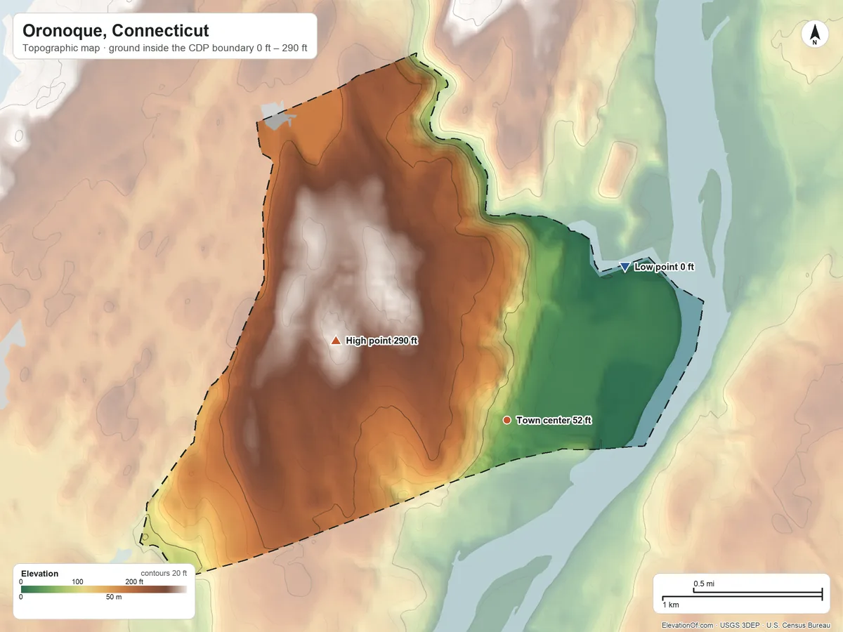 Topographic elevation map of Oronoque, Connecticut, shaded from 0 ft on the northeast side to 290 ft on the northwest side