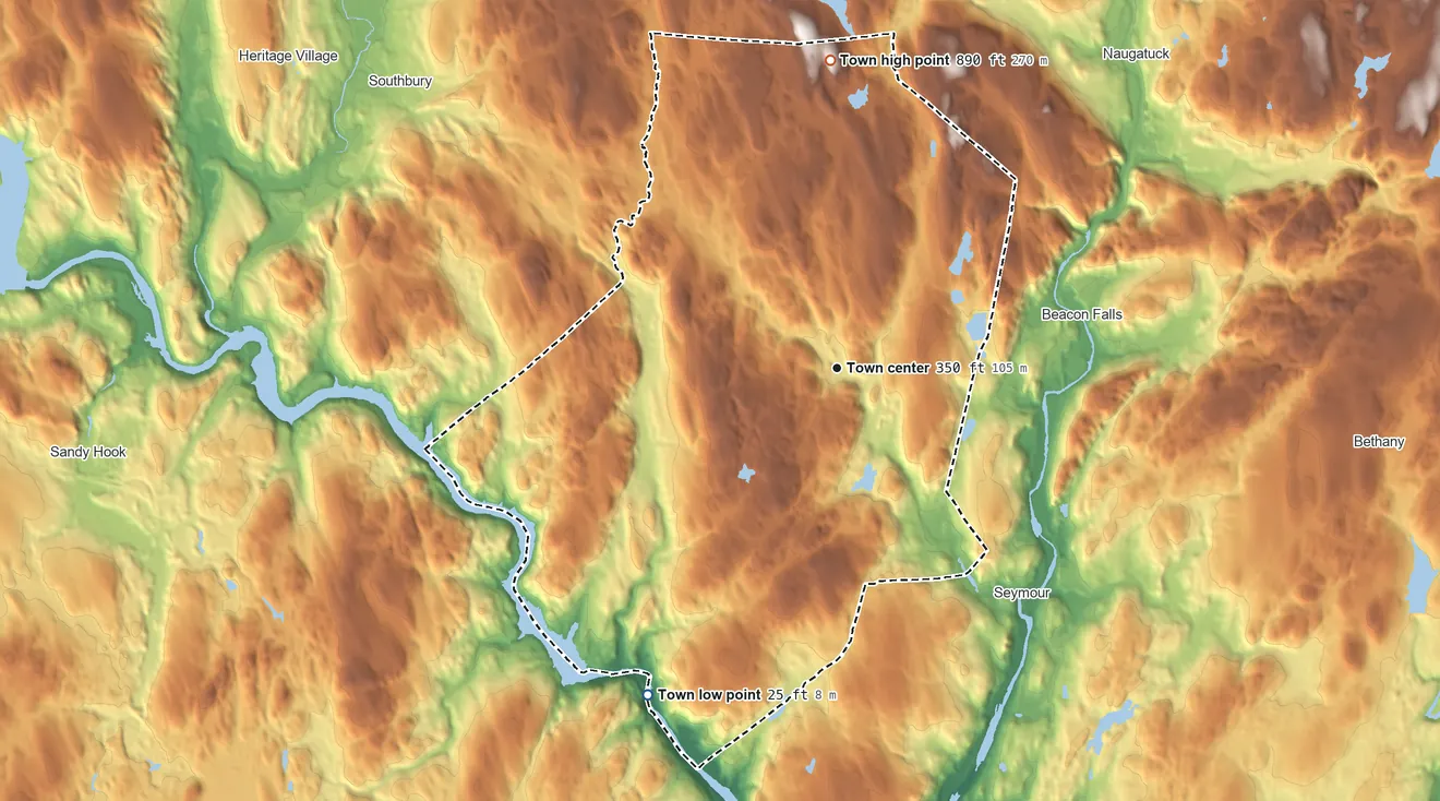 Topographic elevation map of Oxford, Connecticut, shaded from 25 ft on the southwest side to 890 ft on the north side
