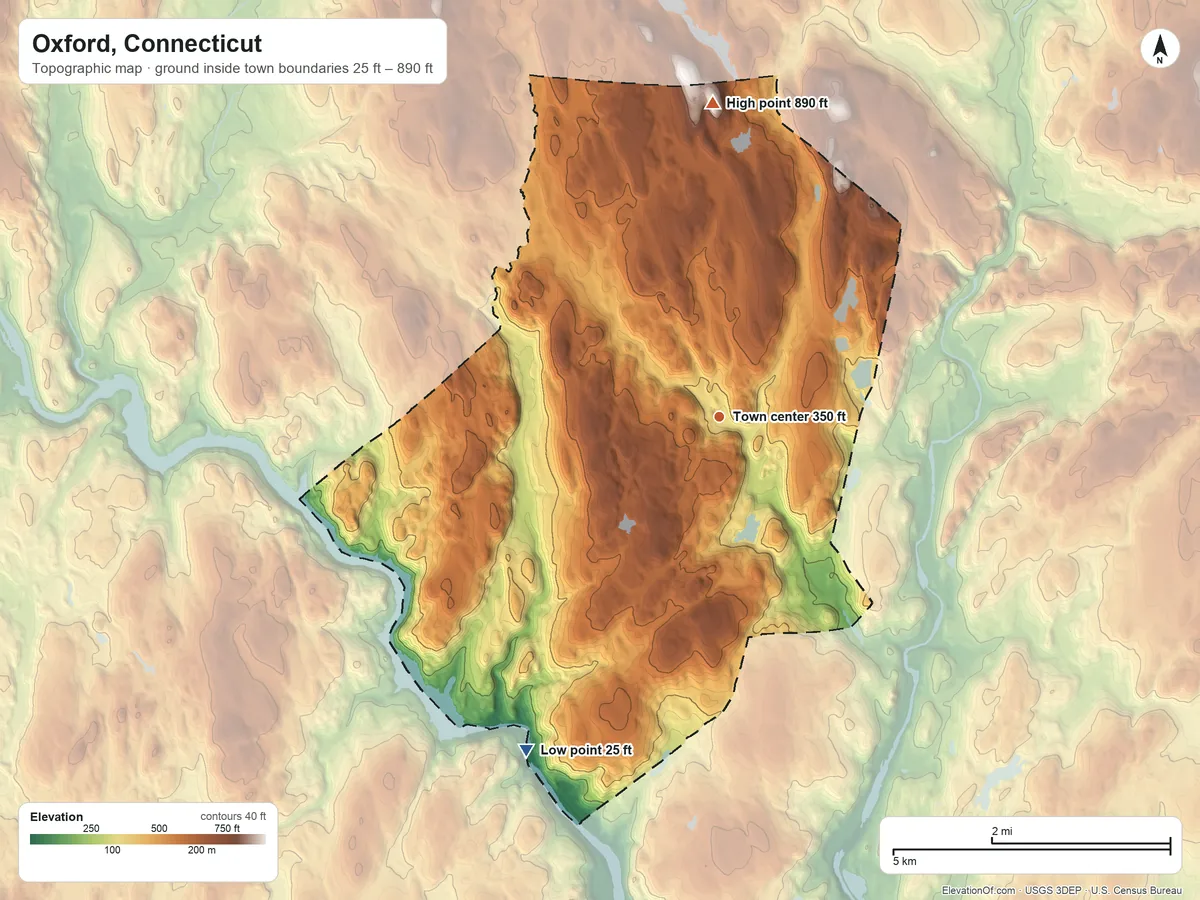 Topographic elevation map of Oxford, Connecticut, shaded from 25 ft on the southwest side to 890 ft on the north side