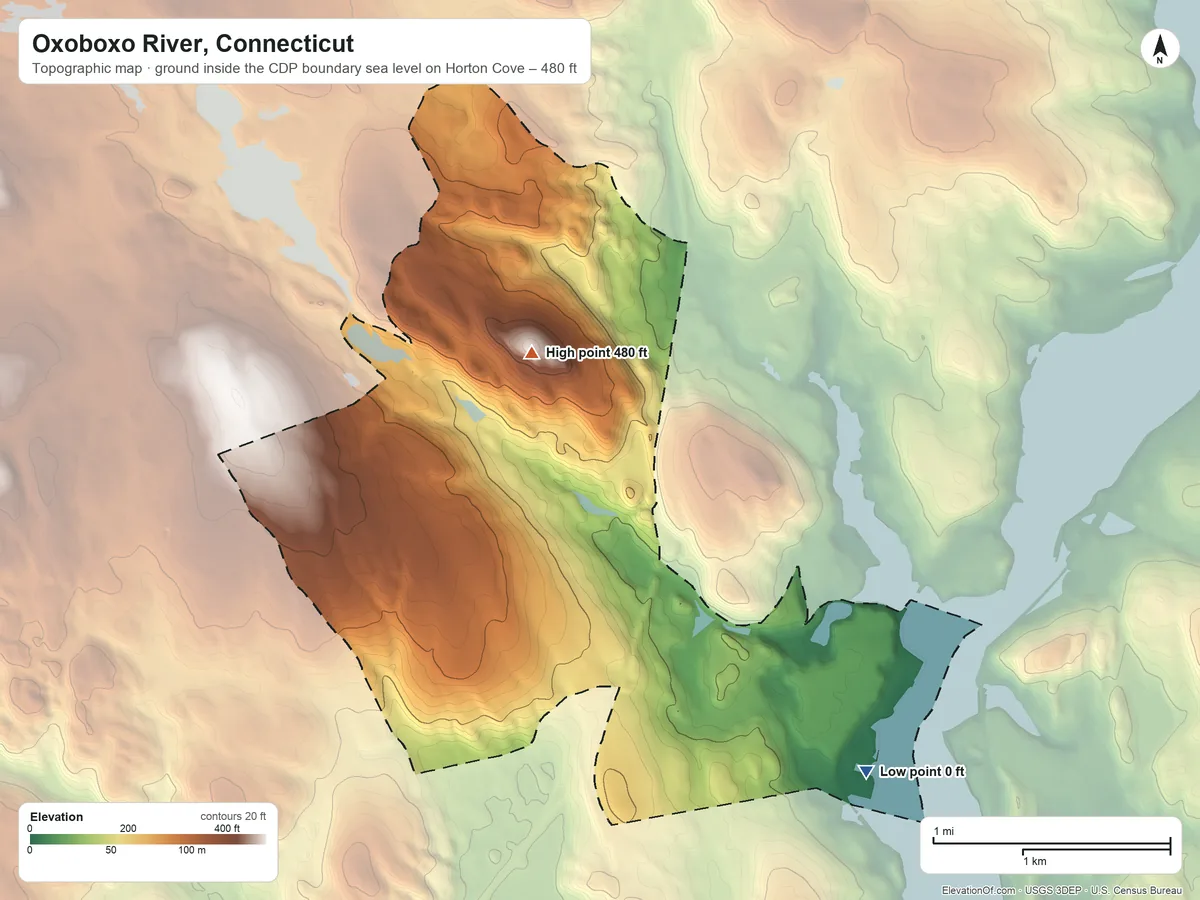 Topographic elevation map of Oxoboxo River, Connecticut, shaded from sea level level on Horton Cove to 480 ft on Crandall Hill