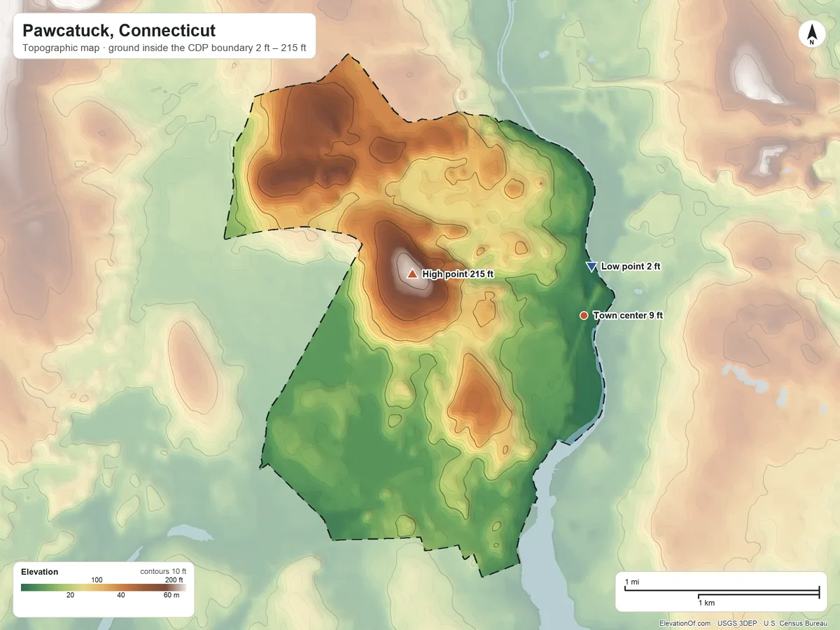 Topographic elevation map of Pawcatuck, Connecticut, shaded from 2 ft near the middle to 215 ft on Hinkley Hill