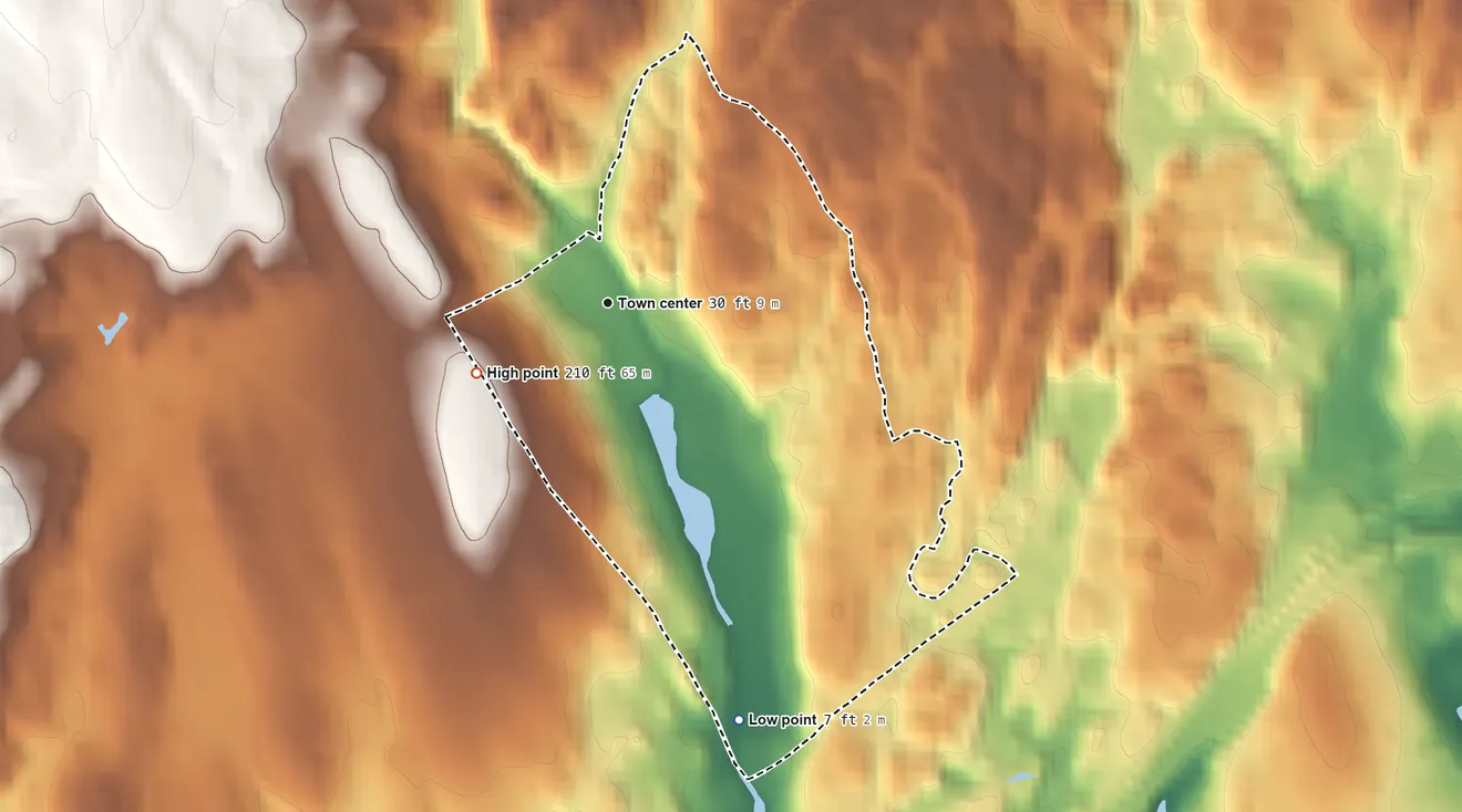 Topographic elevation map of Pemberwick, Connecticut, shaded from 7 ft on the south side to 210 ft on the southwest side