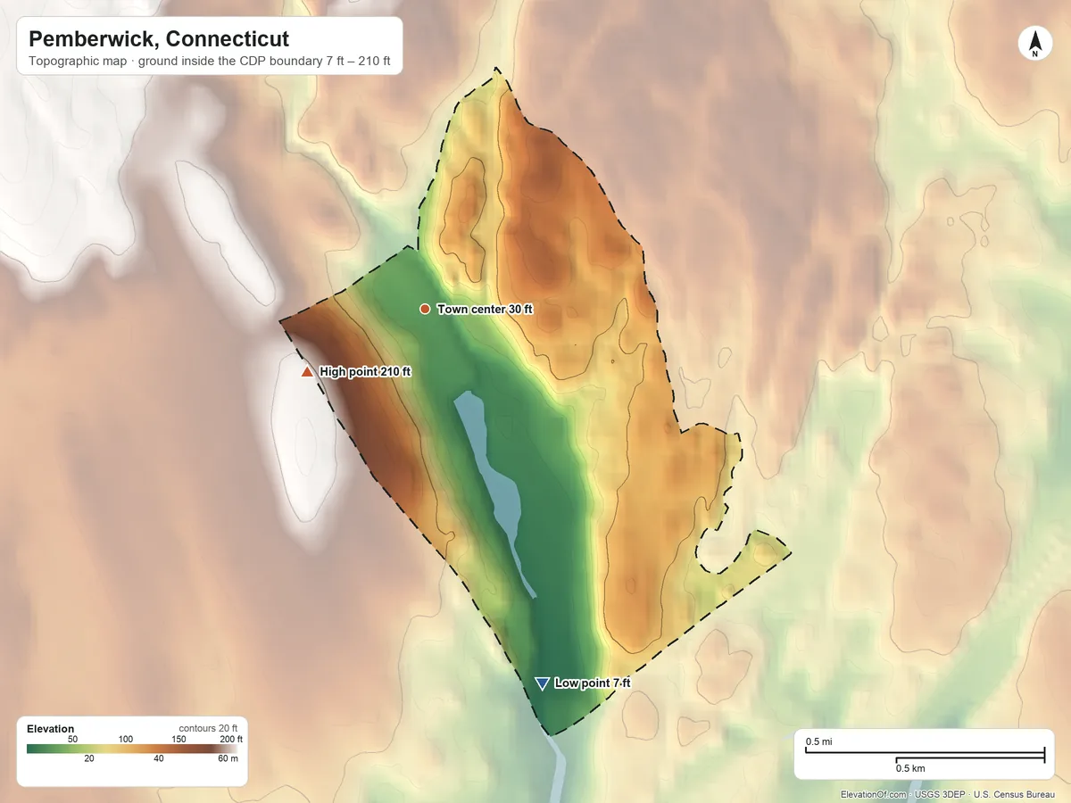 Topographic elevation map of Pemberwick, Connecticut, shaded from 7 ft on the south side to 210 ft on the southwest side