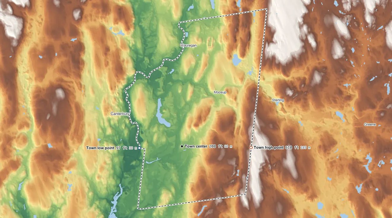 Topographic elevation map of Plainfield, Connecticut, shaded from 97 ft on the west side to 610 ft on the east side