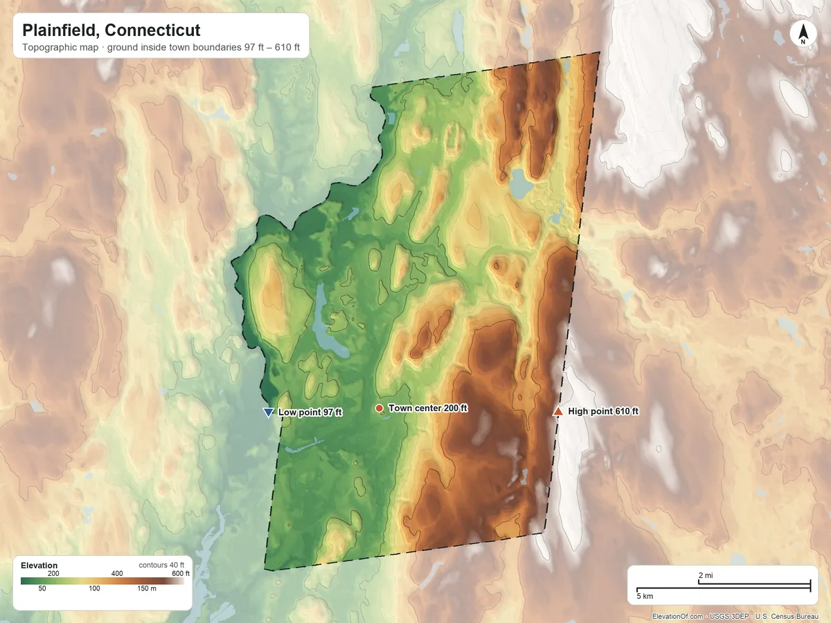 Topographic elevation map of Plainfield, Connecticut, shaded from 97 ft on the west side to 610 ft on the east side