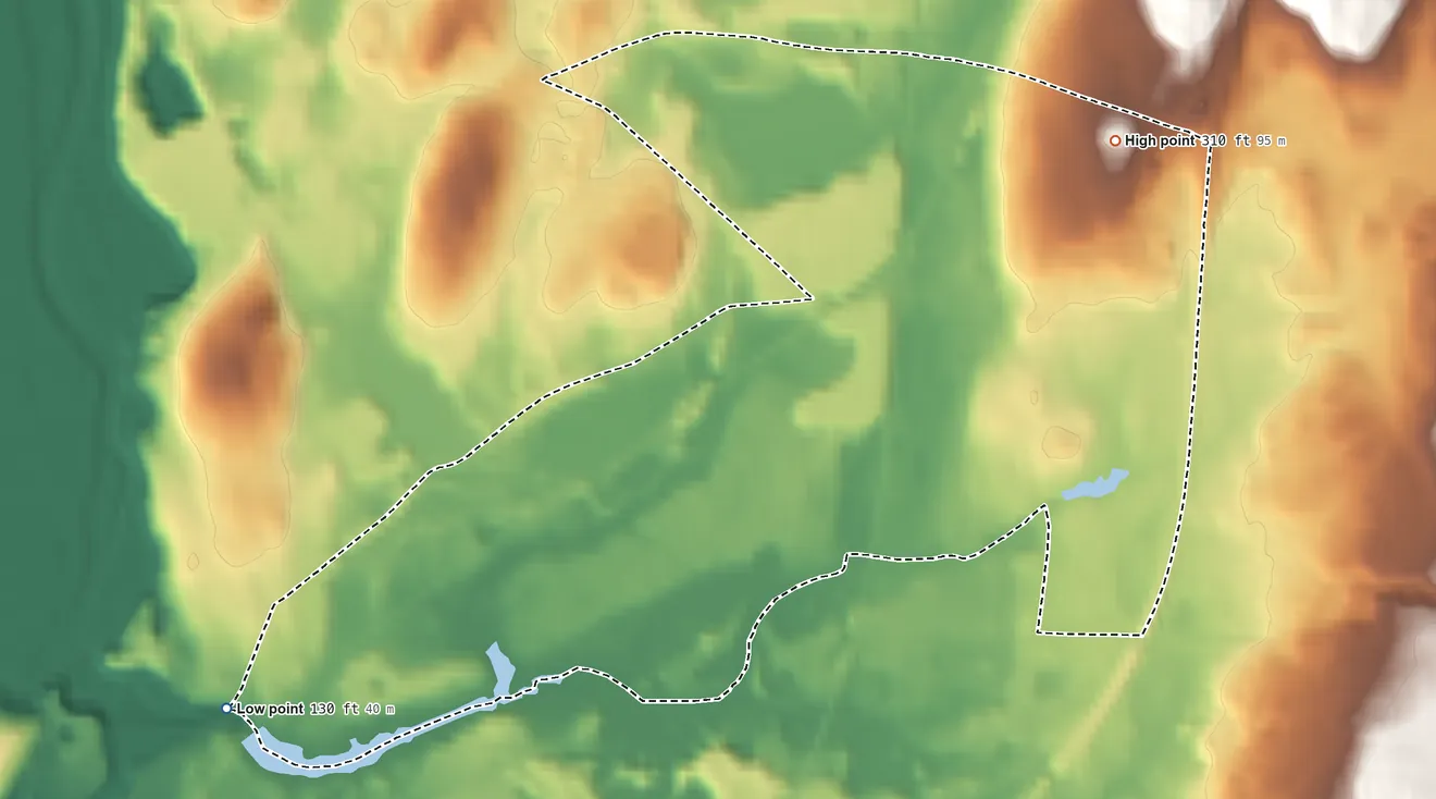 Topographic elevation map of Plainfield Village, Connecticut, shaded from 130 ft on the southwest side to 310 ft on the northeast side