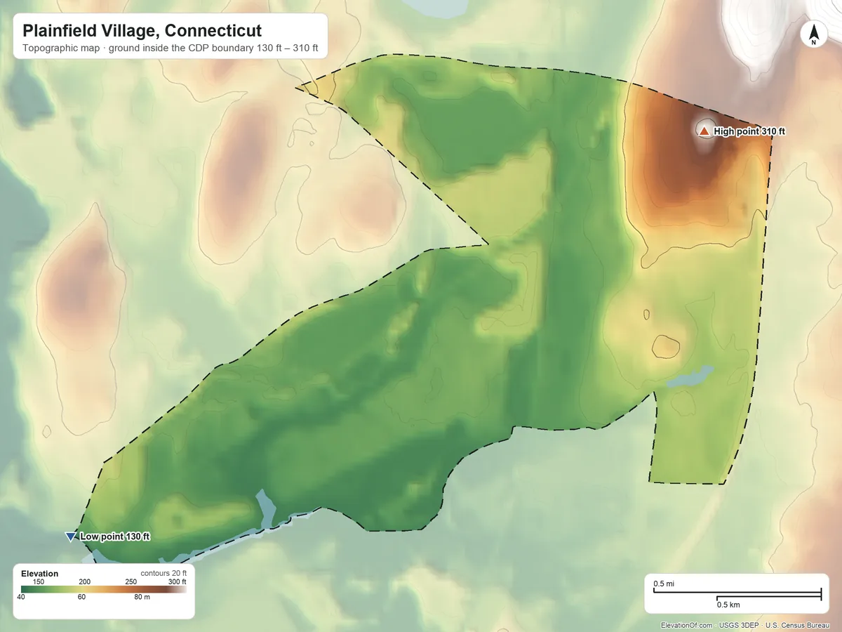 Topographic elevation map of Plainfield Village, Connecticut, shaded from 130 ft on the southwest side to 310 ft on the northeast side