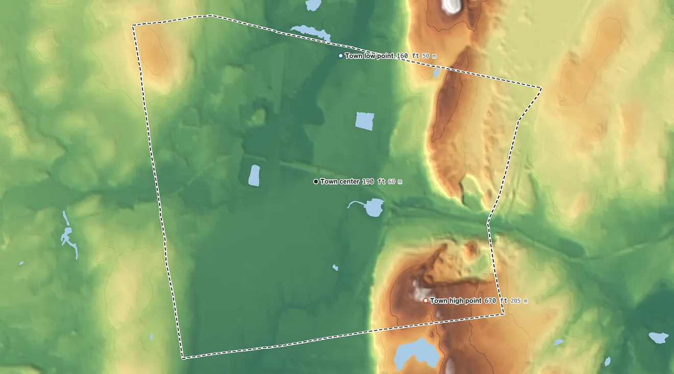 Topographic elevation map of Plainville, Connecticut, shaded from 160 ft on the north side to 670 ft on Bradley Mountain
