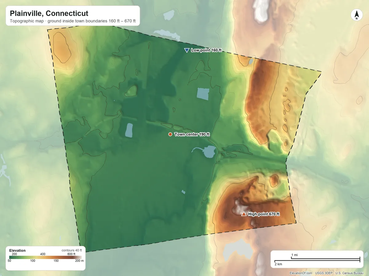 Topographic elevation map of Plainville, Connecticut, shaded from 160 ft on the north side to 670 ft on Bradley Mountain