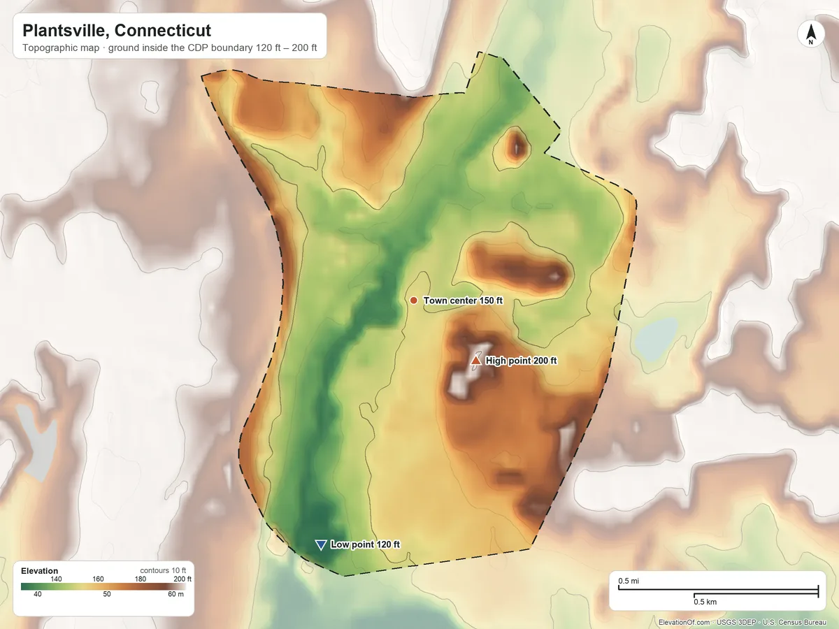 Topographic elevation map of Plantsville, Connecticut, shaded from 120 ft on the south side to 200 ft on the southeast side