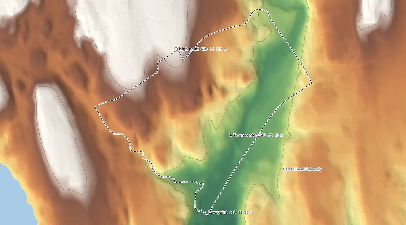 Topographic elevation map of Plattsville, Connecticut, shaded from 110 ft on the south side to 410 ft on the northwest side