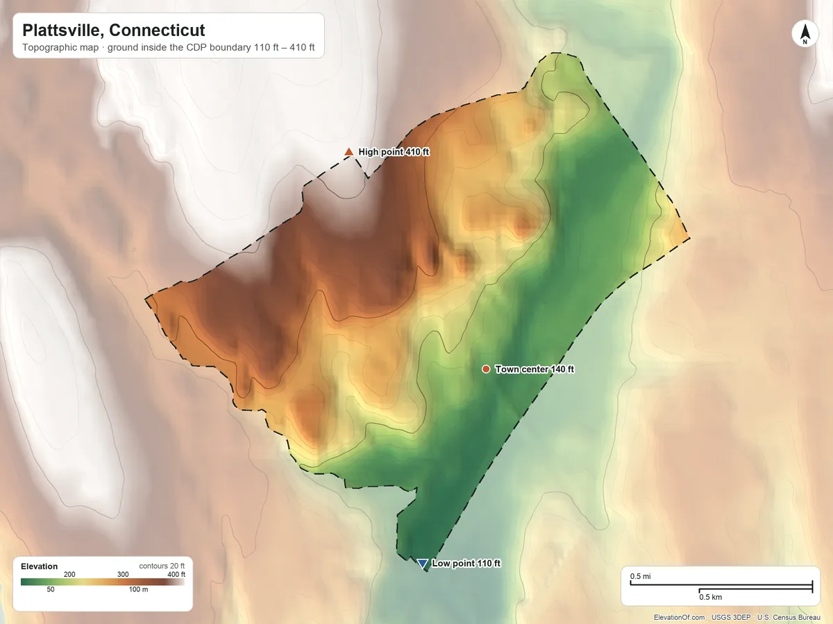 Topographic elevation map of Plattsville, Connecticut, shaded from 110 ft on the south side to 410 ft on the northwest side