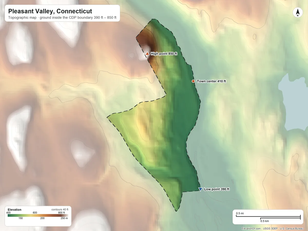 Topographic elevation map of Pleasant Valley, Connecticut, shaded from 390 ft on the south side to 850 ft on the northwest side