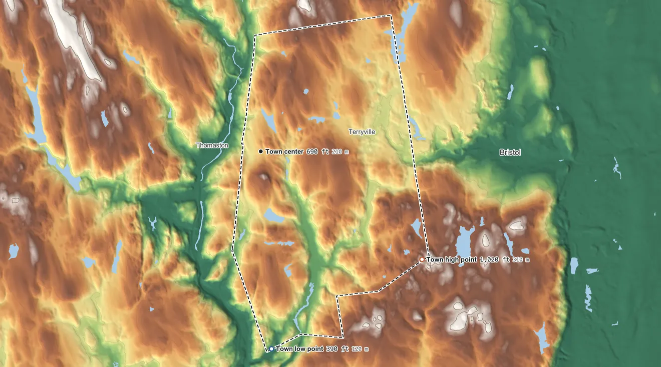 Topographic elevation map of Plymouth, Connecticut, shaded from 390 ft on the south side to 1,020 ft on the southeast side