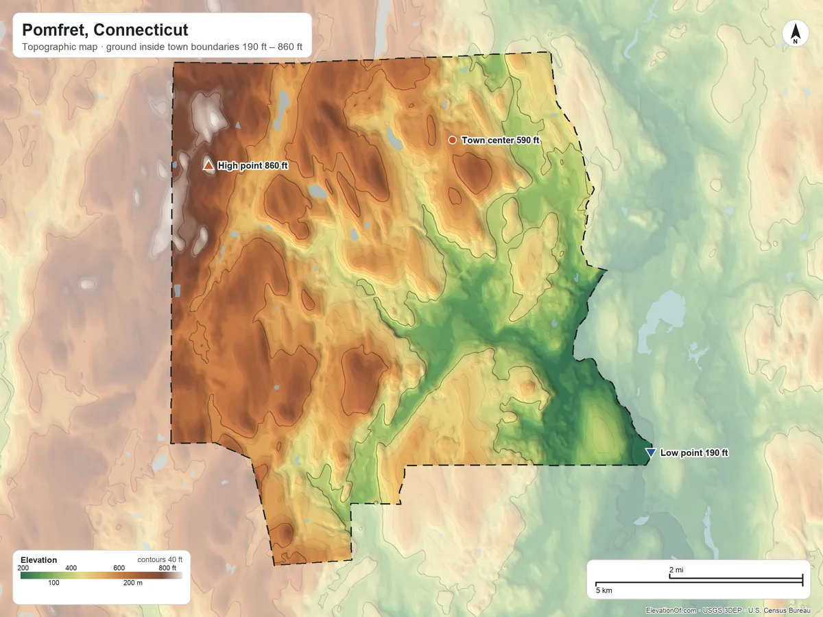 Topographic elevation map of Pomfret, Connecticut, shaded from 190 ft on the southeast side to 860 ft on Wheaton Hill
