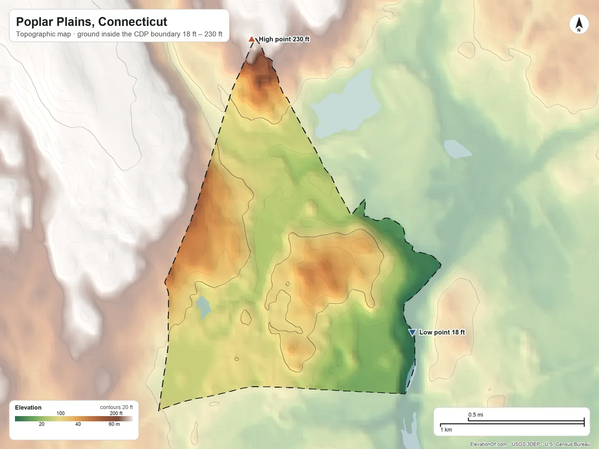 Topographic elevation map of Poplar Plains, Connecticut, shaded from 18 ft on the east side to 230 ft on the north side