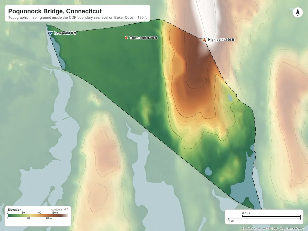Topographic elevation map of Poquonock Bridge, Connecticut, shaded from sea level level on Baker Cove to 190 ft on the east side