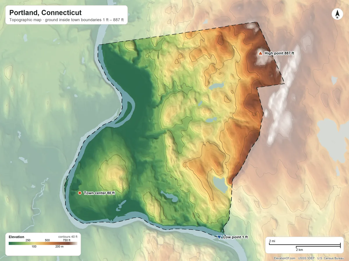 Topographic elevation map of Portland, Connecticut, shaded from 1 ft on the east side to 887 ft on Meshomasic Mountain