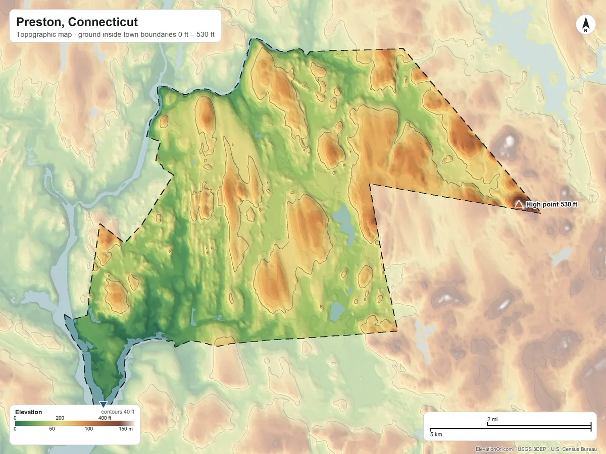 Topographic elevation map of Preston, Connecticut, shaded from 0 ft on the southwest side to 530 ft on the east side