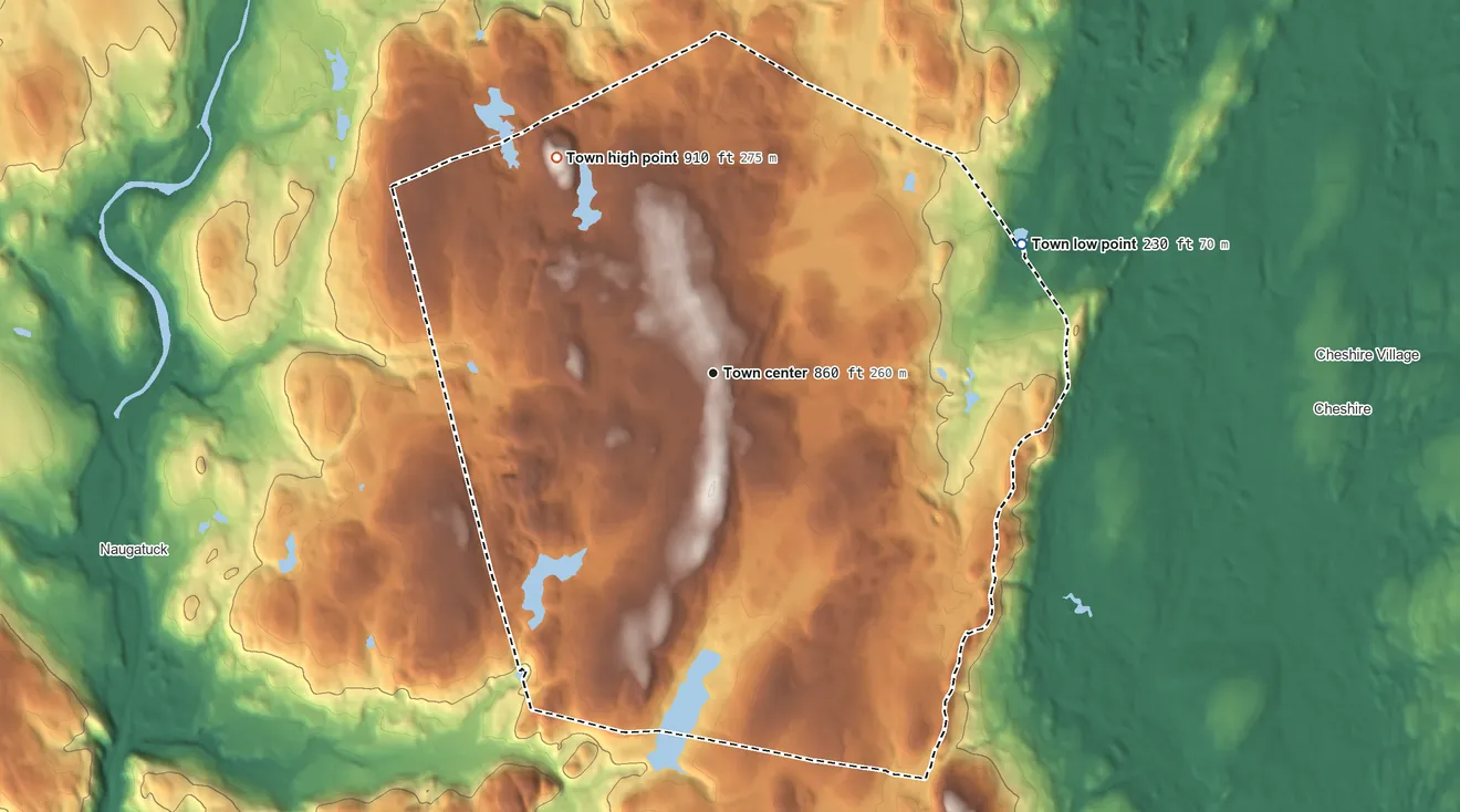 Topographic elevation map of Prospect, Connecticut, shaded from 230 ft on the northeast side to 910 ft on Turkey Hill