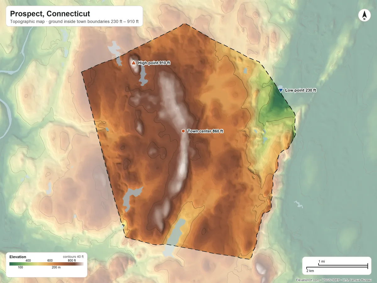 Topographic elevation map of Prospect, Connecticut, shaded from 230 ft on the northeast side to 910 ft on Turkey Hill