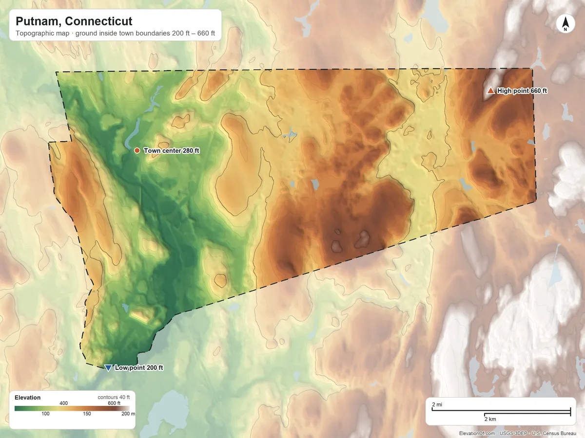 Topographic elevation map of Putnam, Connecticut, shaded from 200 ft on the south side to 660 ft on Elmwood Hill