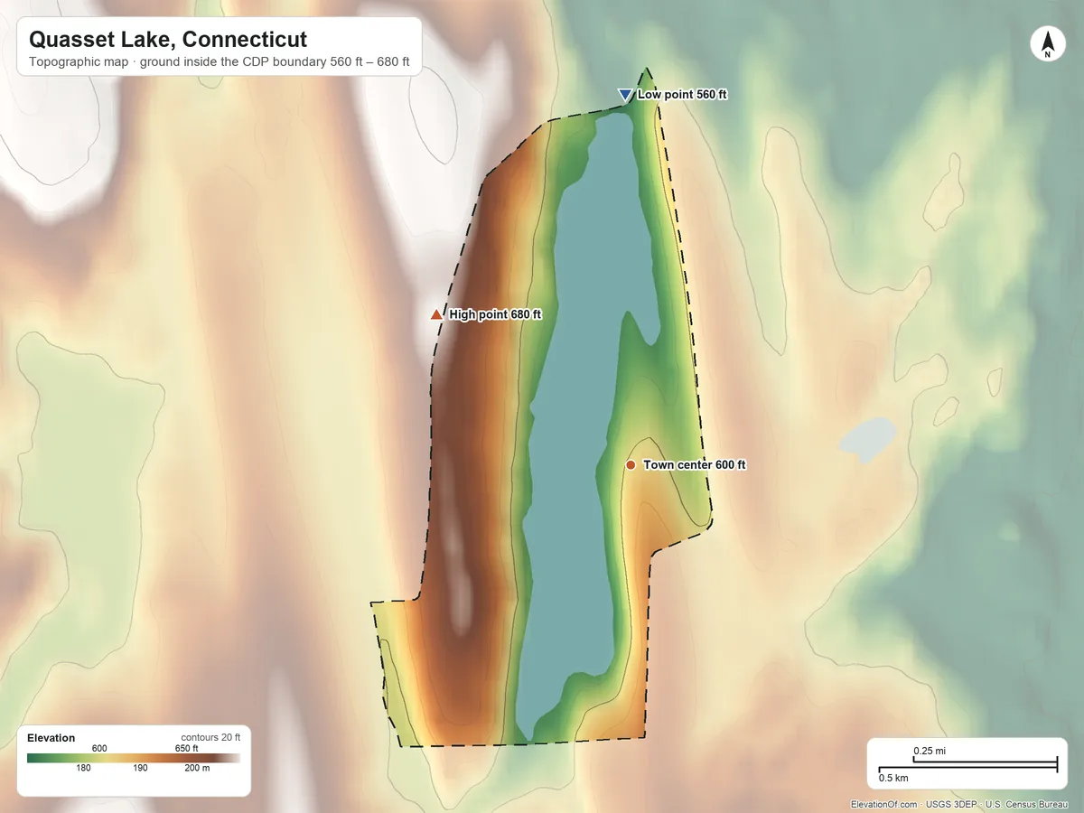 Topographic elevation map of Quasset Lake, Connecticut, shaded from 560 ft on the north side to 680 ft on the northwest side