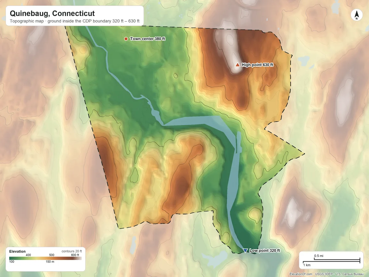 Topographic elevation map of Quinebaug, Connecticut, shaded from 320 ft on the southeast side to 630 ft on the east side