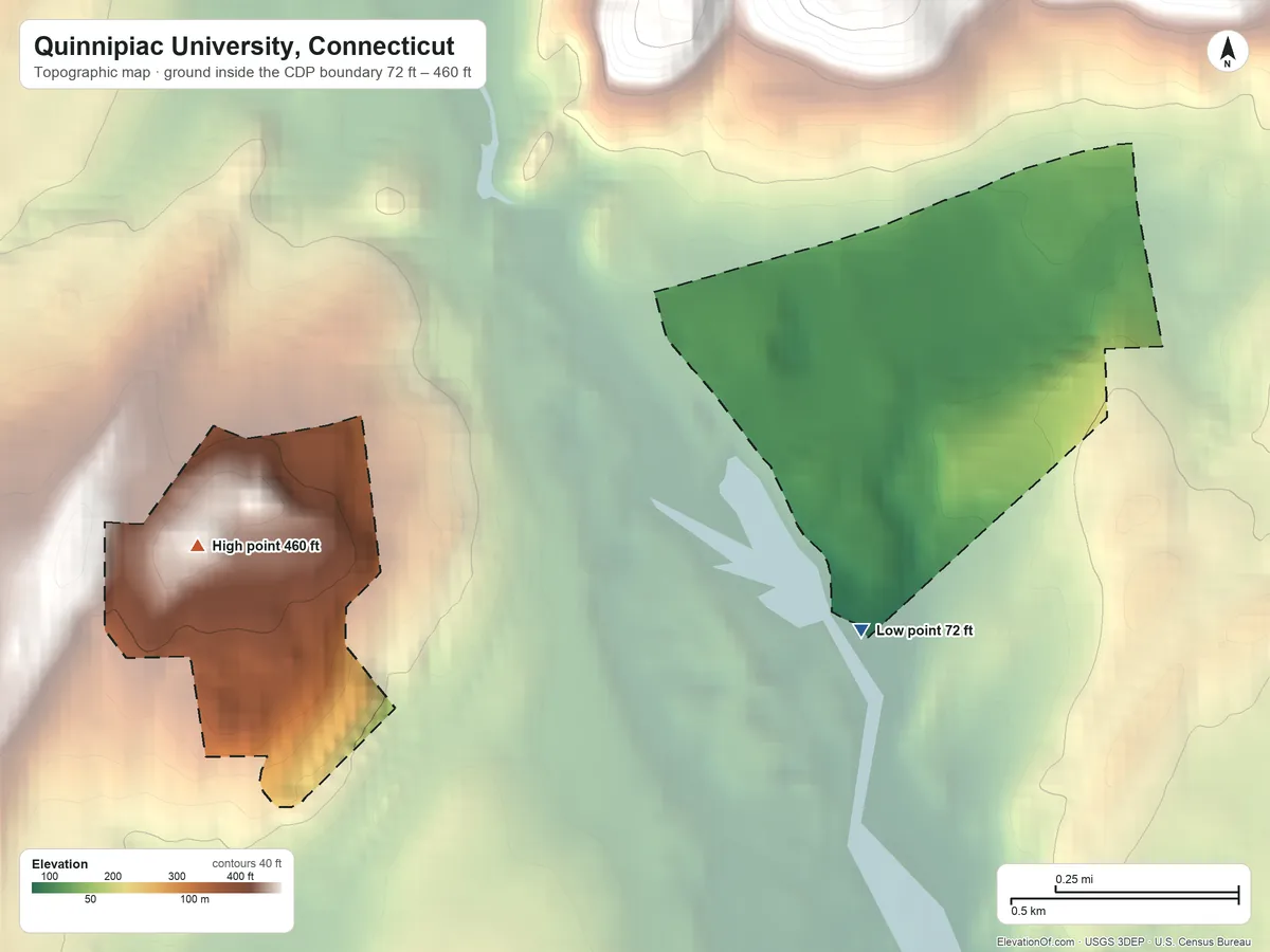 Topographic elevation map of Quinnipiac University, Connecticut, shaded from 72 ft on the south side to 460 ft on the west edge, below higher ground just outside