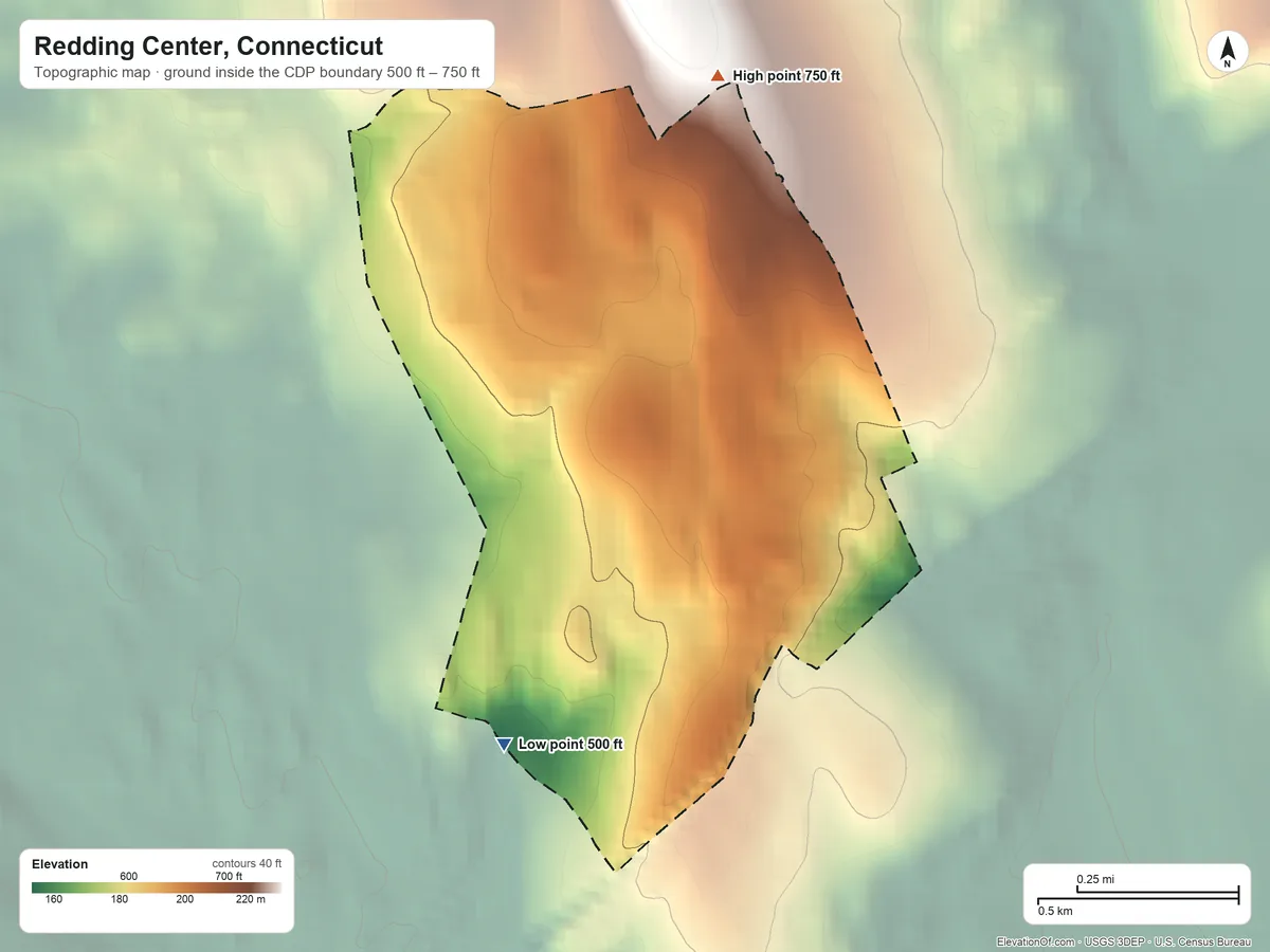 Topographic elevation map of Redding Center, Connecticut, shaded from 500 ft on the southwest side to 750 ft on the north side