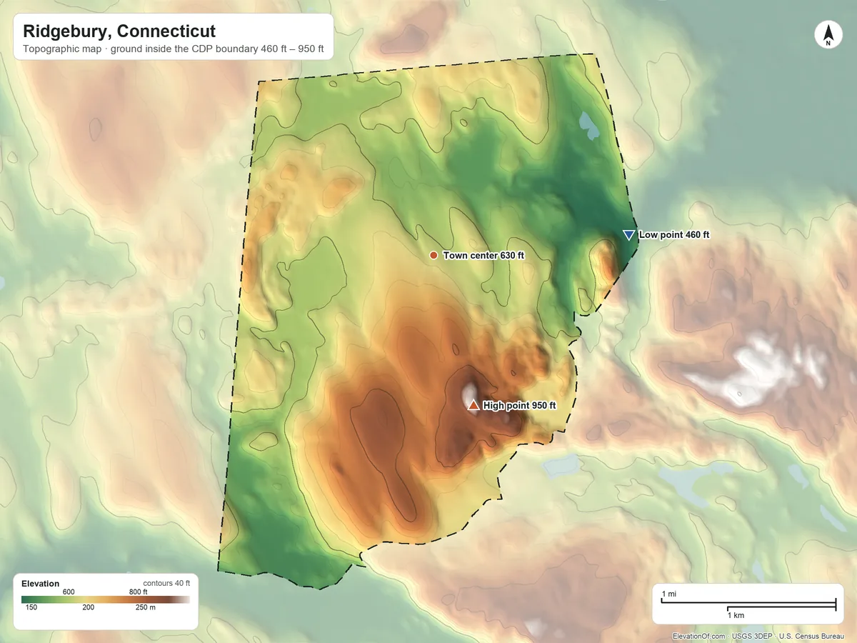 Topographic elevation map of Ridgebury, Connecticut, shaded from 460 ft on the east side to 950 ft on Ned Mountain