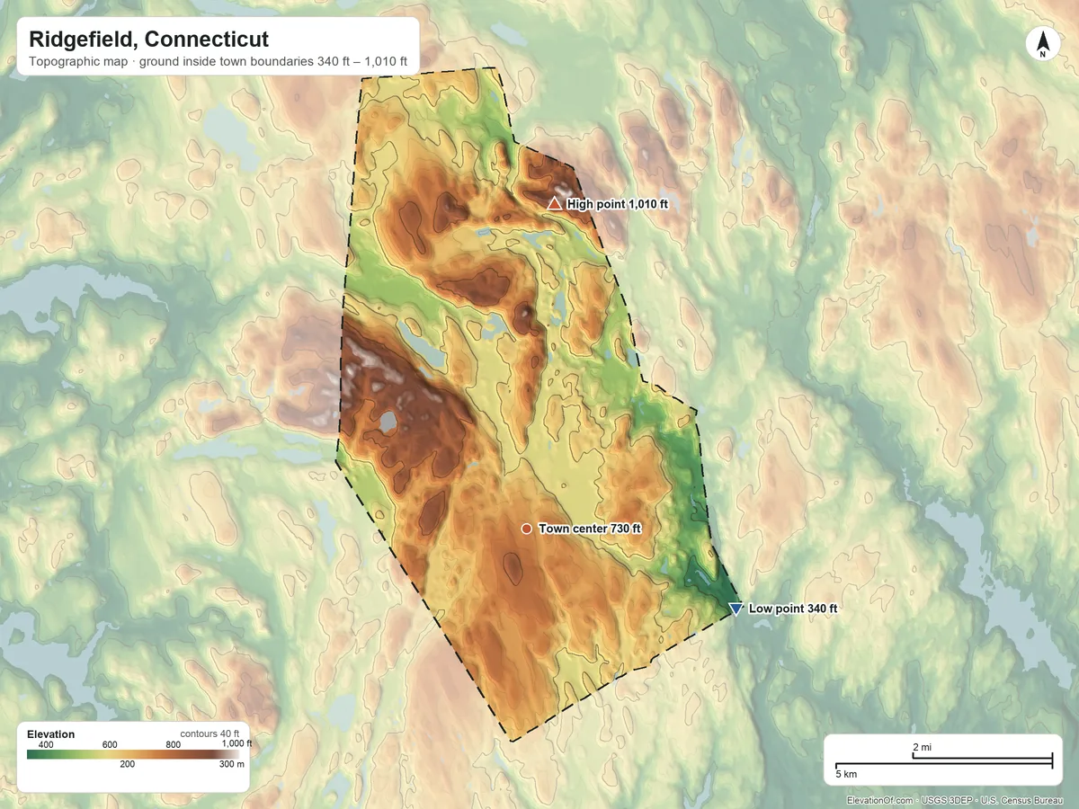 Topographic elevation map of Ridgefield, Connecticut, shaded from 340 ft on the east side to 1,010 ft on the north side