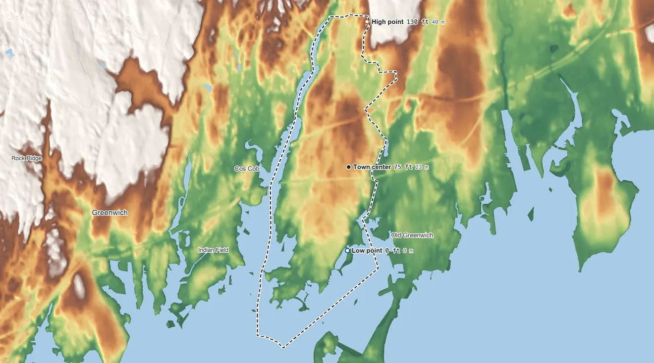Topographic elevation map of Riverside, Connecticut, shaded from sea level level on Greenwich Cove to 130 ft on the north side
