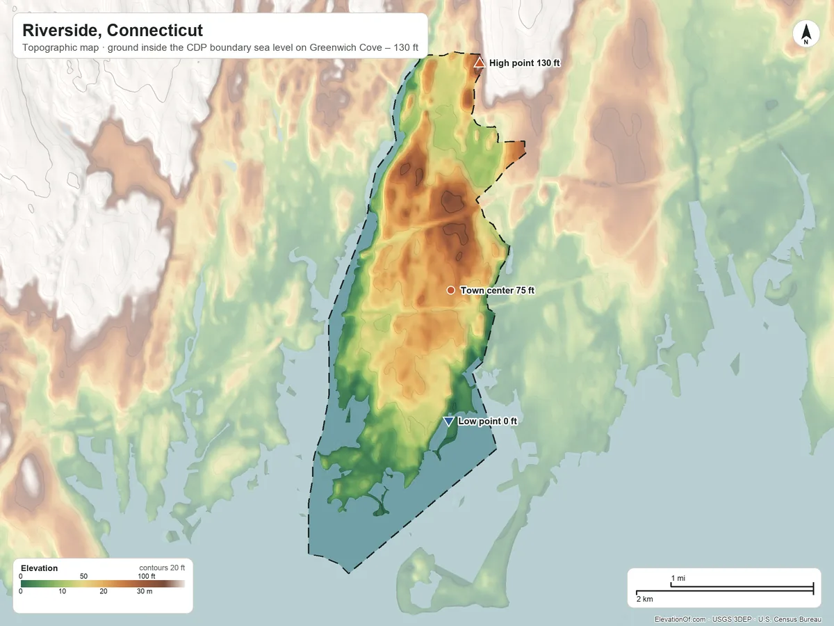 Topographic elevation map of Riverside, Connecticut, shaded from sea level level on Greenwich Cove to 130 ft on the north side