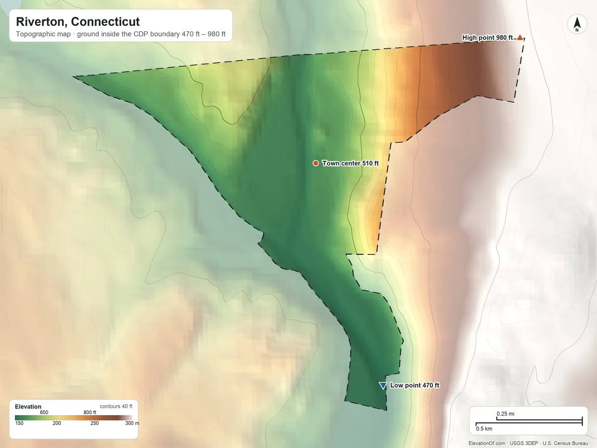 Topographic elevation map of Riverton, Connecticut, shaded from 470 ft on the south side to 980 ft on the northeast side