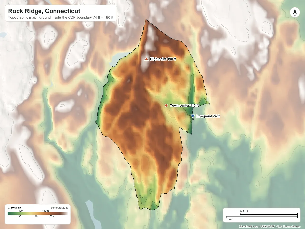 Topographic elevation map of Rock Ridge, Connecticut, shaded from 74 ft on the east side to 190 ft on the northwest side