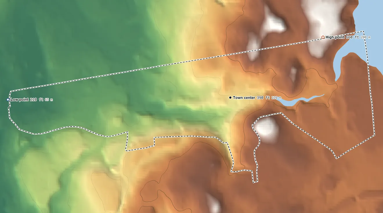 Topographic elevation map of Rockville, Connecticut, shaded from 210 ft on the west side to 660 ft on the northeast side
