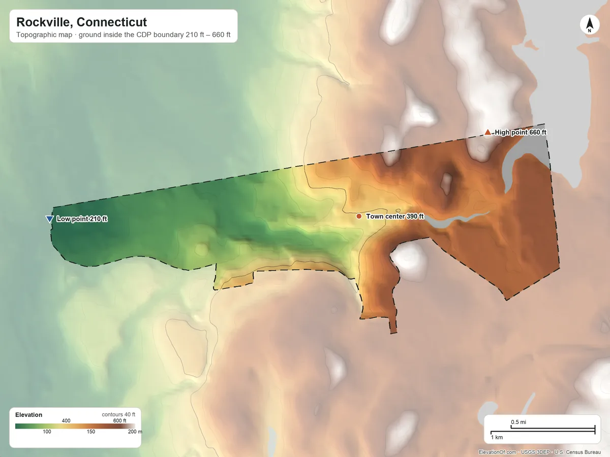 Topographic elevation map of Rockville, Connecticut, shaded from 210 ft on the west side to 660 ft on the northeast side