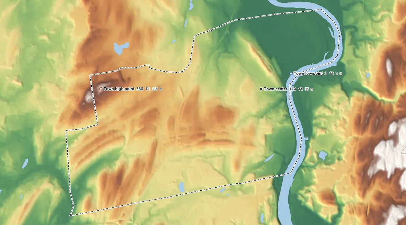 Topographic elevation map of Rocky Hill, Connecticut, shaded from 3 ft near the middle to 380 ft on Vexation Hill