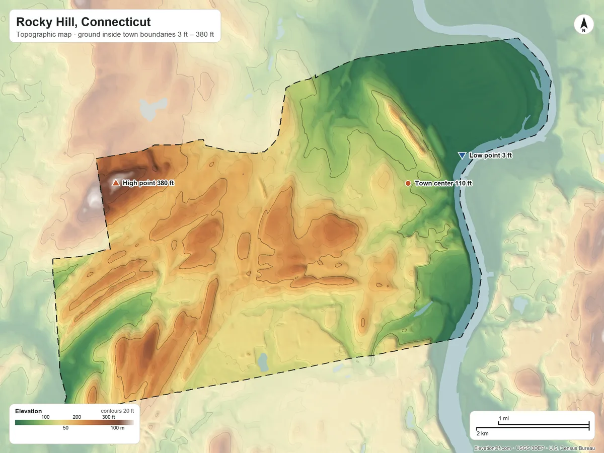 Topographic elevation map of Rocky Hill, Connecticut, shaded from 3 ft near the middle to 380 ft on Vexation Hill