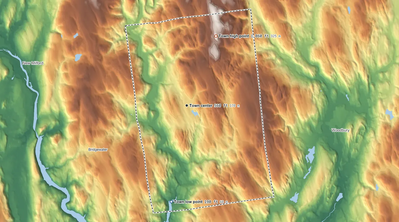 Topographic elevation map of Roxbury, Connecticut, shaded from 190 ft on the south side to 1,060 ft on Painter Hill
