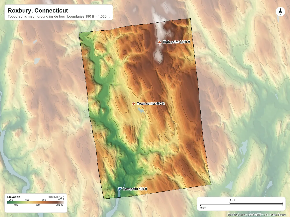 Topographic elevation map of Roxbury, Connecticut, shaded from 190 ft on the south side to 1,060 ft on Painter Hill