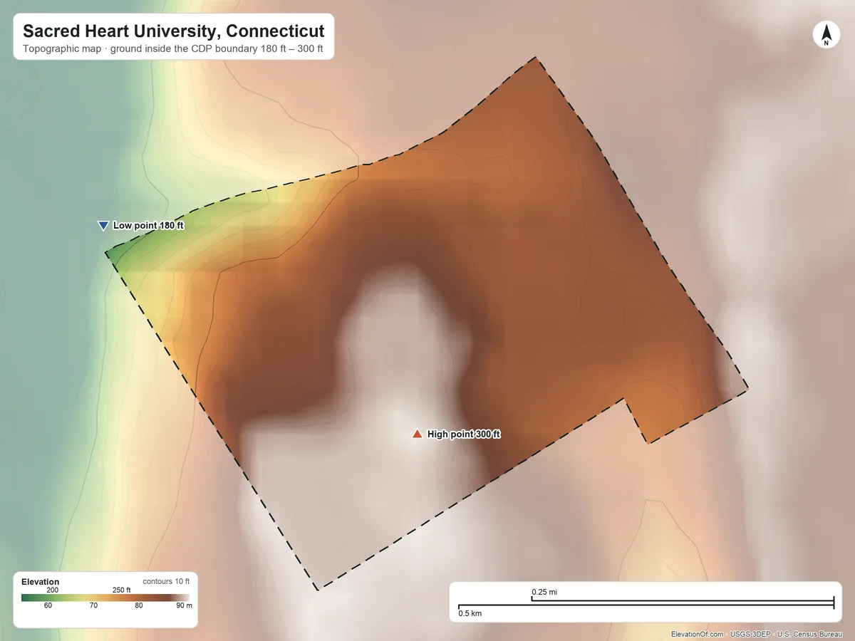 Topographic elevation map of Sacred Heart University, Connecticut, shaded from 180 ft on the northwest side to 300 ft on the east side
