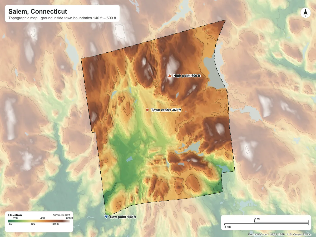 Topographic elevation map of Salem, Connecticut, shaded from 140 ft on the south side to 600 ft on the northeast side